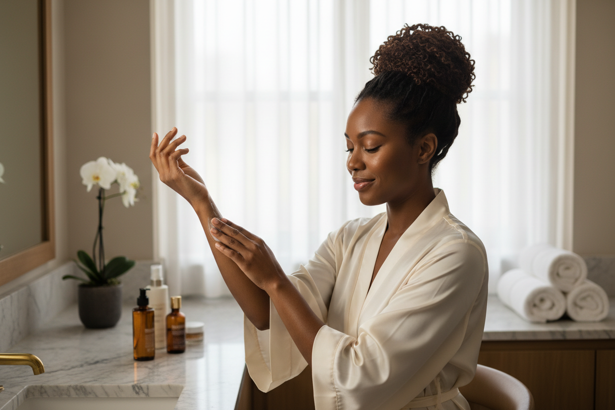 black woman applying body cream